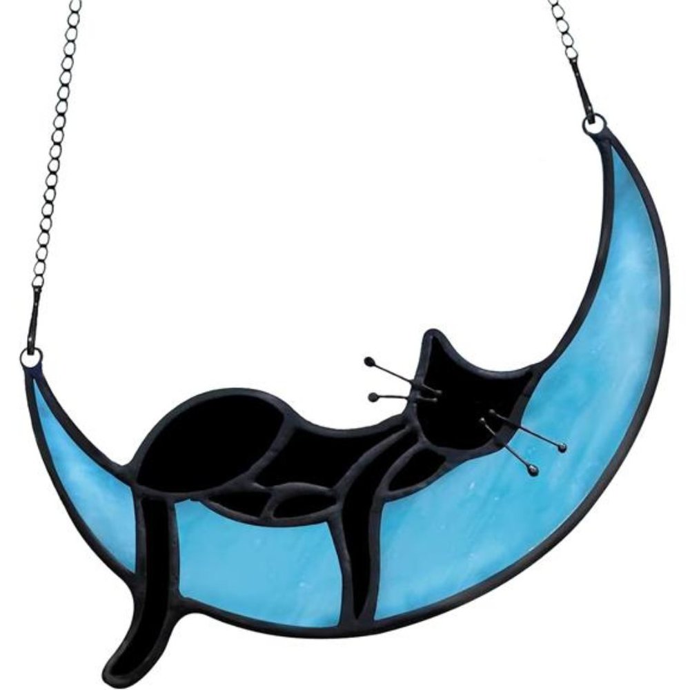 Stained Glass Cat on Moon, Sleeping Cat, Handcrafted Black Cat Suncatchers - Picture 1 of 6